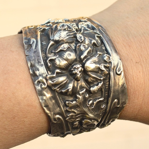 Antique Art Nouveau Sterling Cuff Bracelet Floral 925 Victorian Wide Bouquet - Picture 5 of 7